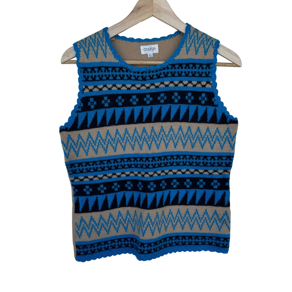 Cozzi Wool Knit Vest Sleeveless Sweater Tank Top‎ Blue Tan Aztec Womens Large L